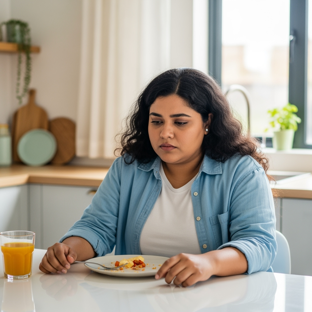 Indian woman feeling hungry after eating, hands near face, frustrated expression