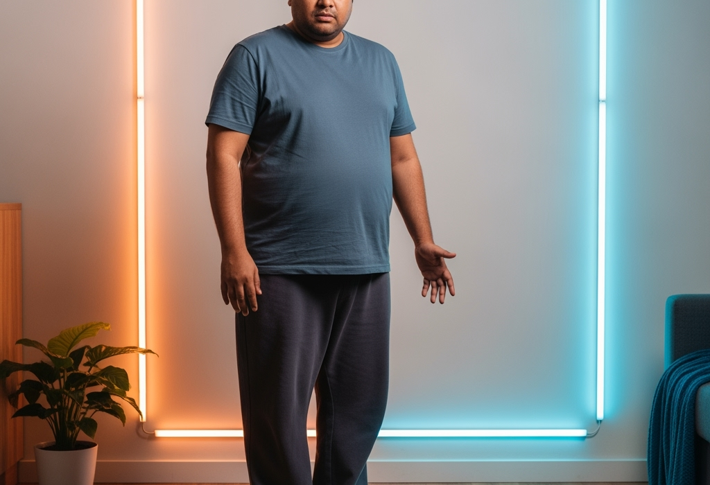 Indian man checking weighing scale, disappointed expression, home interior