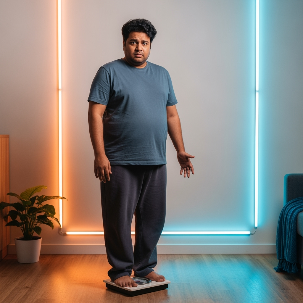 Indian man checking weighing scale, disappointed expression, home interior