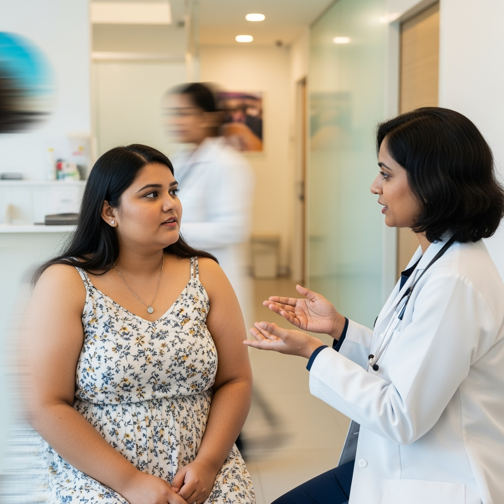 Indian female patient with PCOD or thyroid, doctor discussing weight, hopeful tone