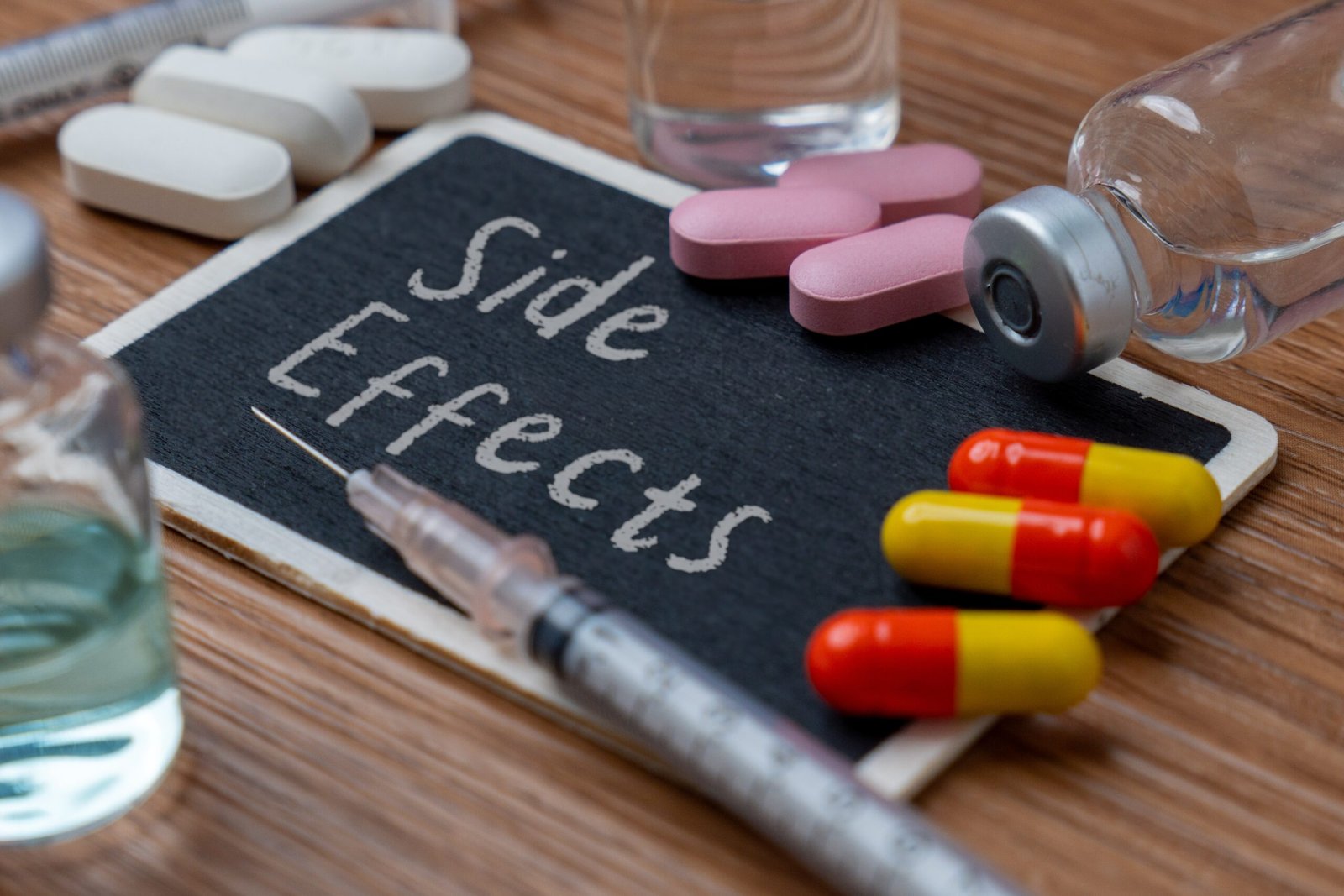Medication and injection imagery representing treatment side effects and tolerability